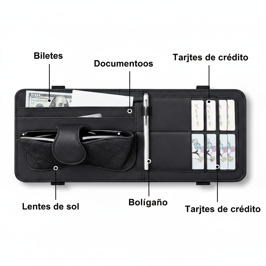 Organizador de visera - infografía de compartimentos