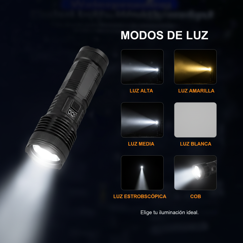 Linterna - 6 modos de luz: alta, media, estroboscópica, amarilla, blanca, COB
