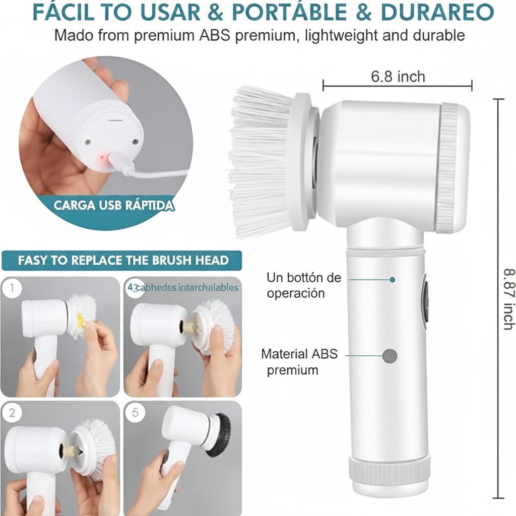 Magic Brush - características: carga USB, ABS premium, 4 cabezales, un botón