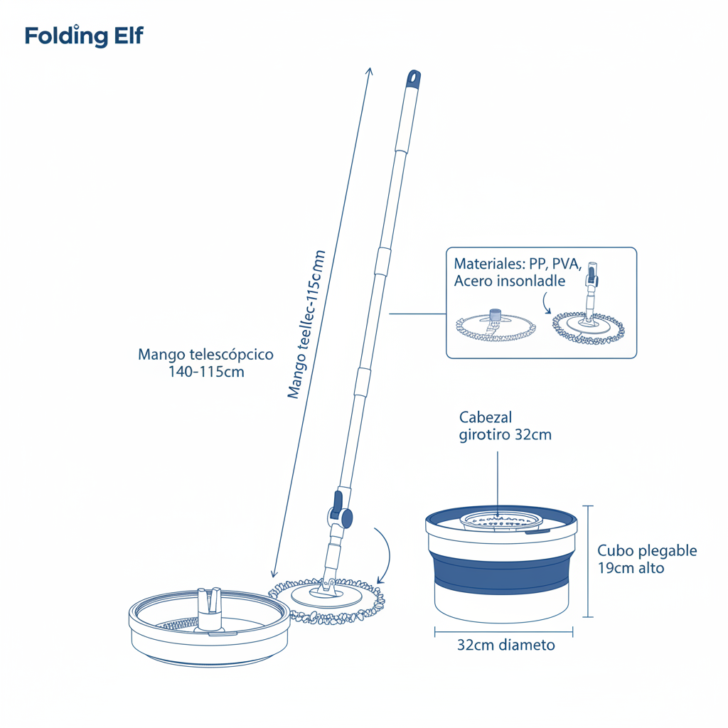 Trapeador Folding Elf - infografía de dimensiones y materiales