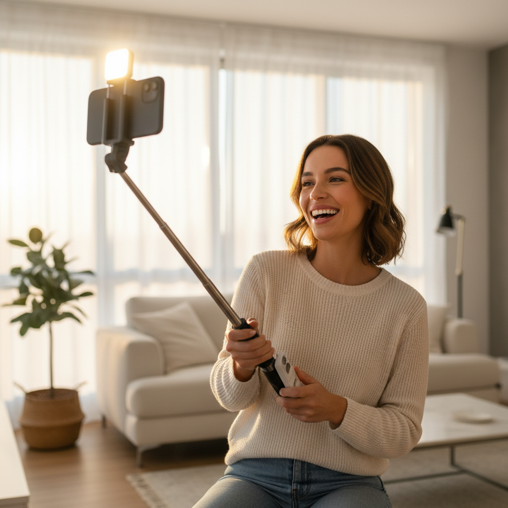 L02s selfie stick - lifestyle mujer tomando selfie con luz LED