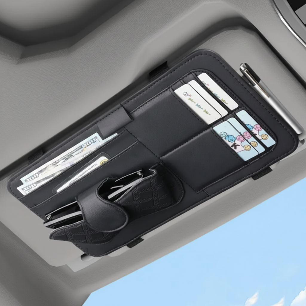 Organizador de visera instalado en auto
